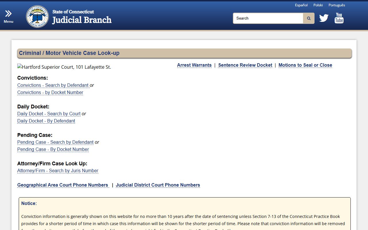 Connecticut Judicial Branch criminal case lookup for busted mugshots